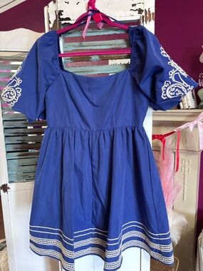 She + Sky Royal Blue Puff-Sleeve Embroidered Dress